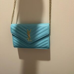 Saint Laurent Turquoise Chevron Quilted Leather Chain Wallet Bag